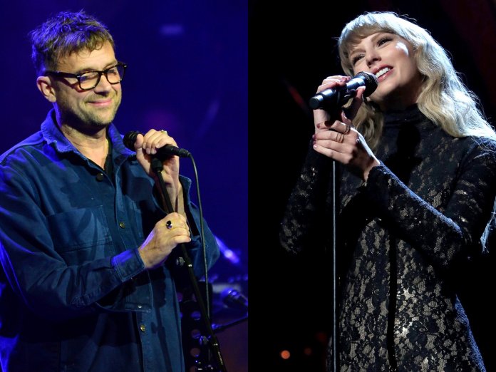 side-by-side images of Damon Albarn and Taylor Swift performing live onstage